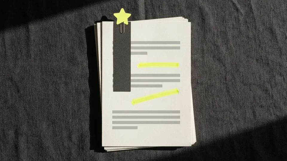 A dark paper bookmark with a yellow star tab clipped to a stack of printed sheets marked with two yellow lines