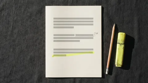 A printed page with wide margins, one line underlined, one highlighted in yellow and a question mark and asterisk pencilled in the margin